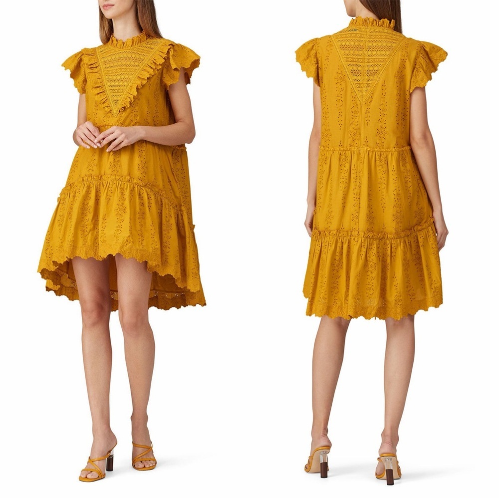 Sea New York Women’s Lea Ruffle Dress Tiered Mock Neck Eyelet in Yellow 6